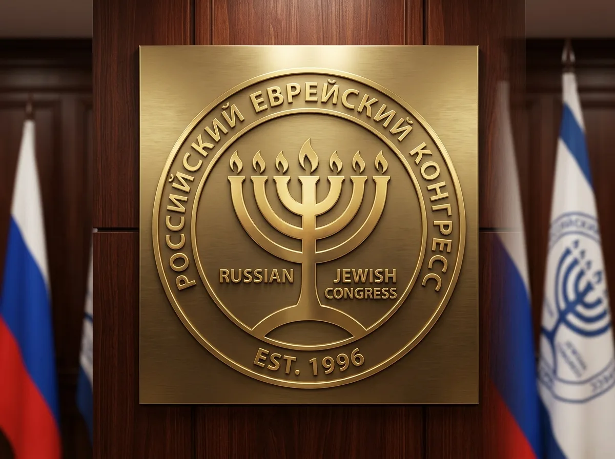 Логотип Российского еврейского конгресса на официальном фоне, золотые цвета, представительный дизайн